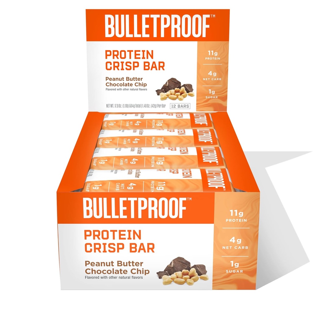 Kogelvrij Proteïne Crisp Bars, Pindakaas Chocolade Chip, 12 Pack, Hoog Proteïne, Lage Suiker