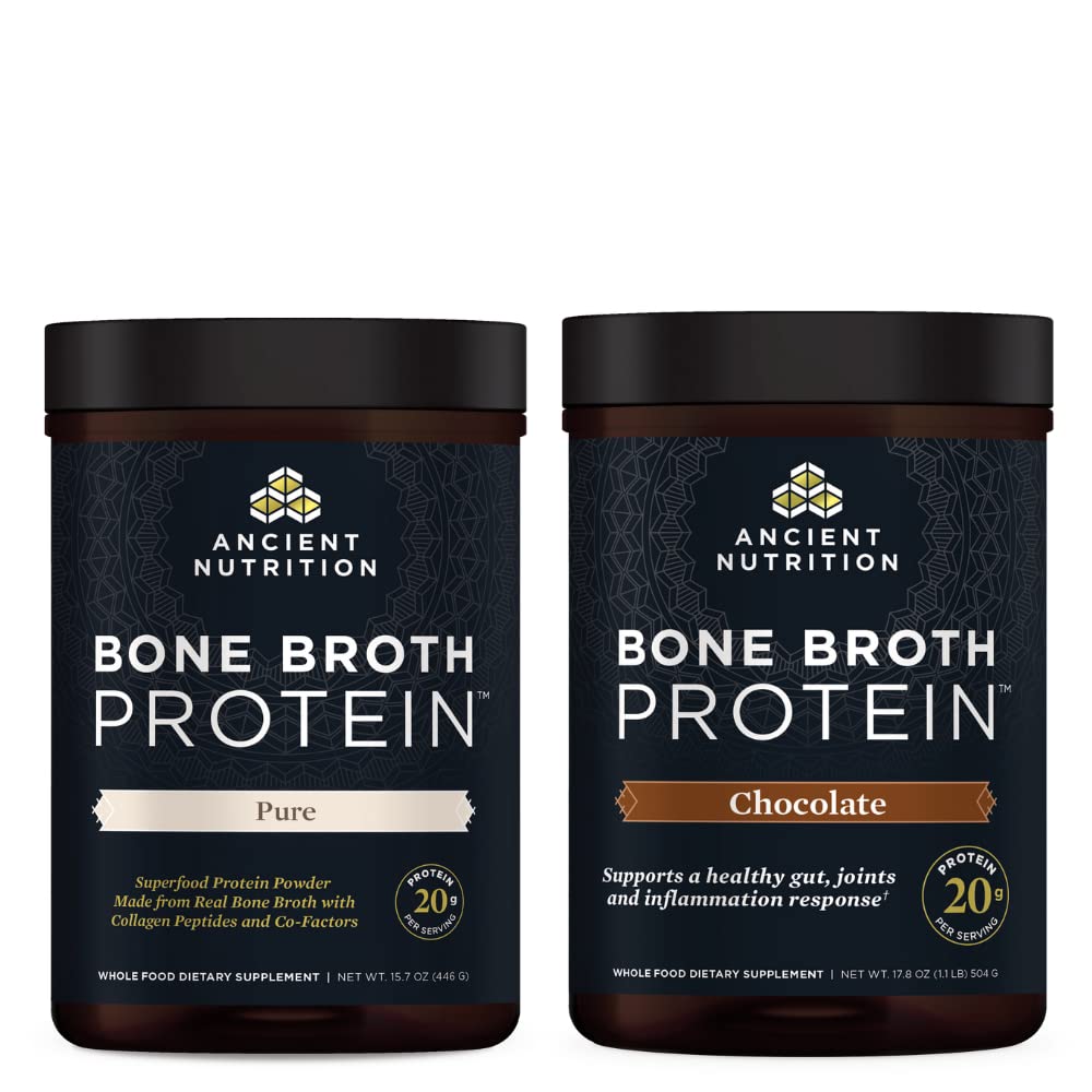 Oude voeding Bone Broth Proteïne Poeder, Pure, 20 porties + Bone Broth Proteïne Poeder, Chocolade, 20 porties