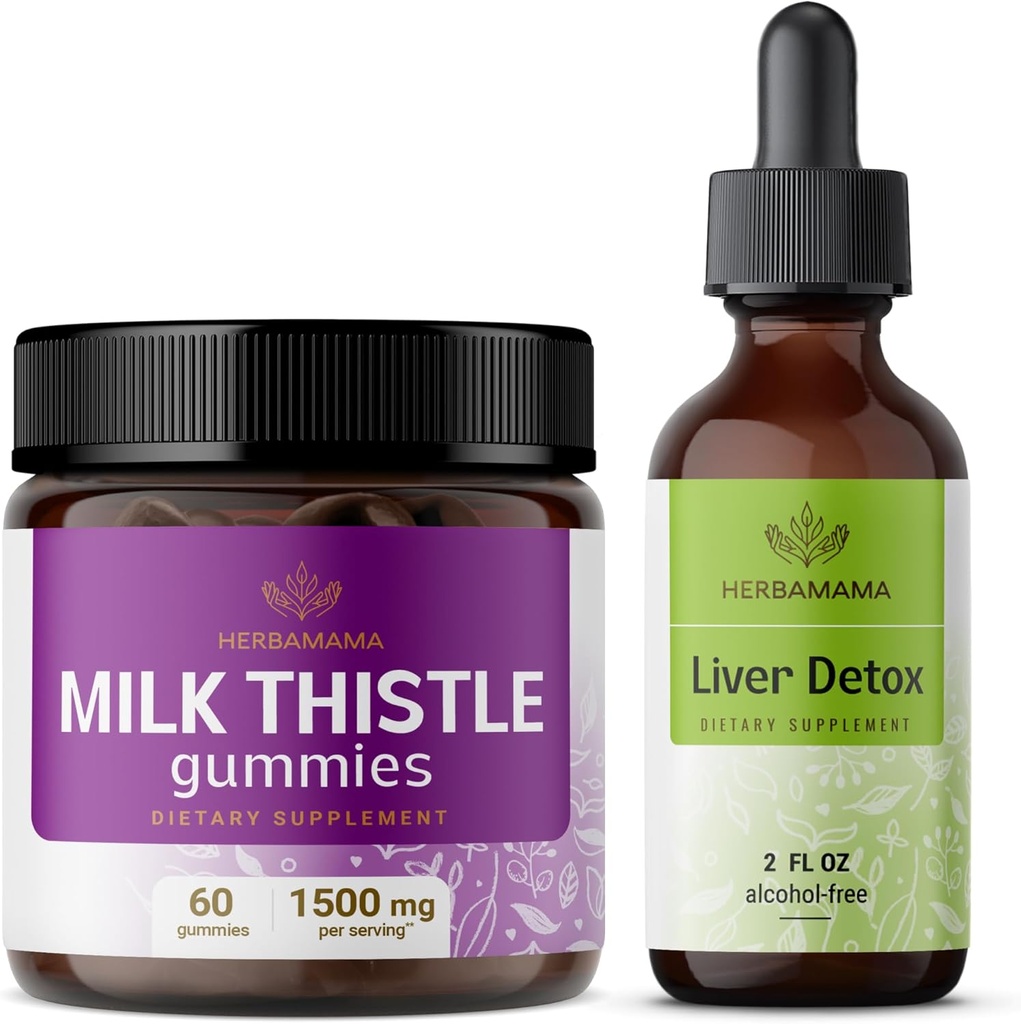 HERBAMAMA Melkdistel en lever ondersteuning Complex Kit - bundel van melk distel Gummies & Lever Detox Liquid Complex 4 fl oz - Vegan, non-GMO, alcoholvrije - 2 Pack