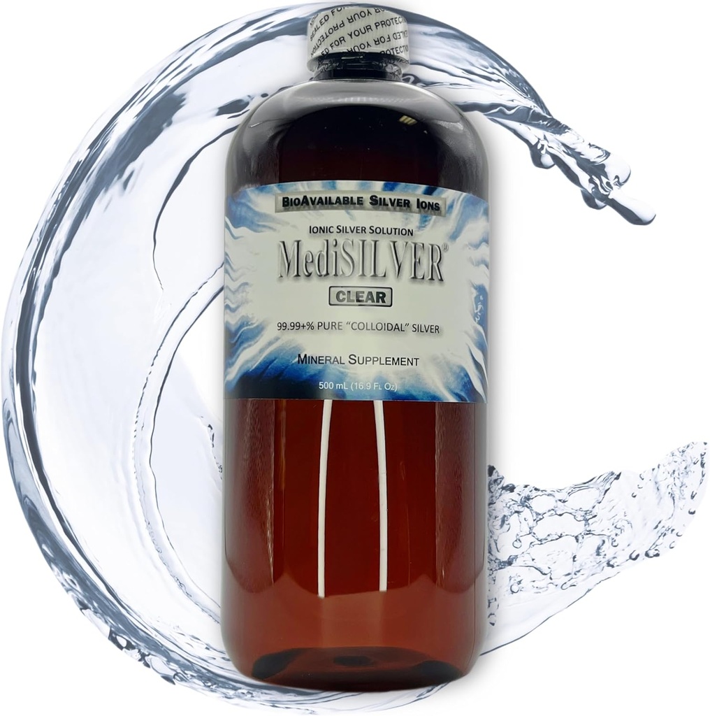MedisILVER Clear True Free Ionic Collective Silver Dietary Supplement - 500 ml (16,9 Fl Oz) in Amber BPA-Free Plastic Fles