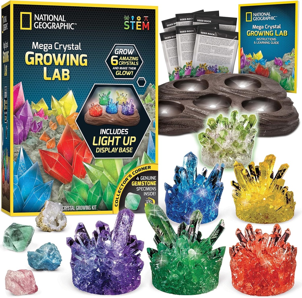 National Geographic Mega Crystal Growing Kit - Krijgen 6 kristallen met licht-up stand, Science Gifts voor kinderen 8-12