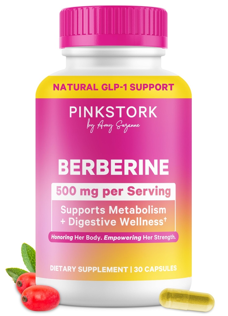 Pink Stork Berberine 500mg - Nature's GLP-1 Supplement - Daily AMPK Esplect Activator - 500-1000 mg Metabolisme + Gut Health for Women