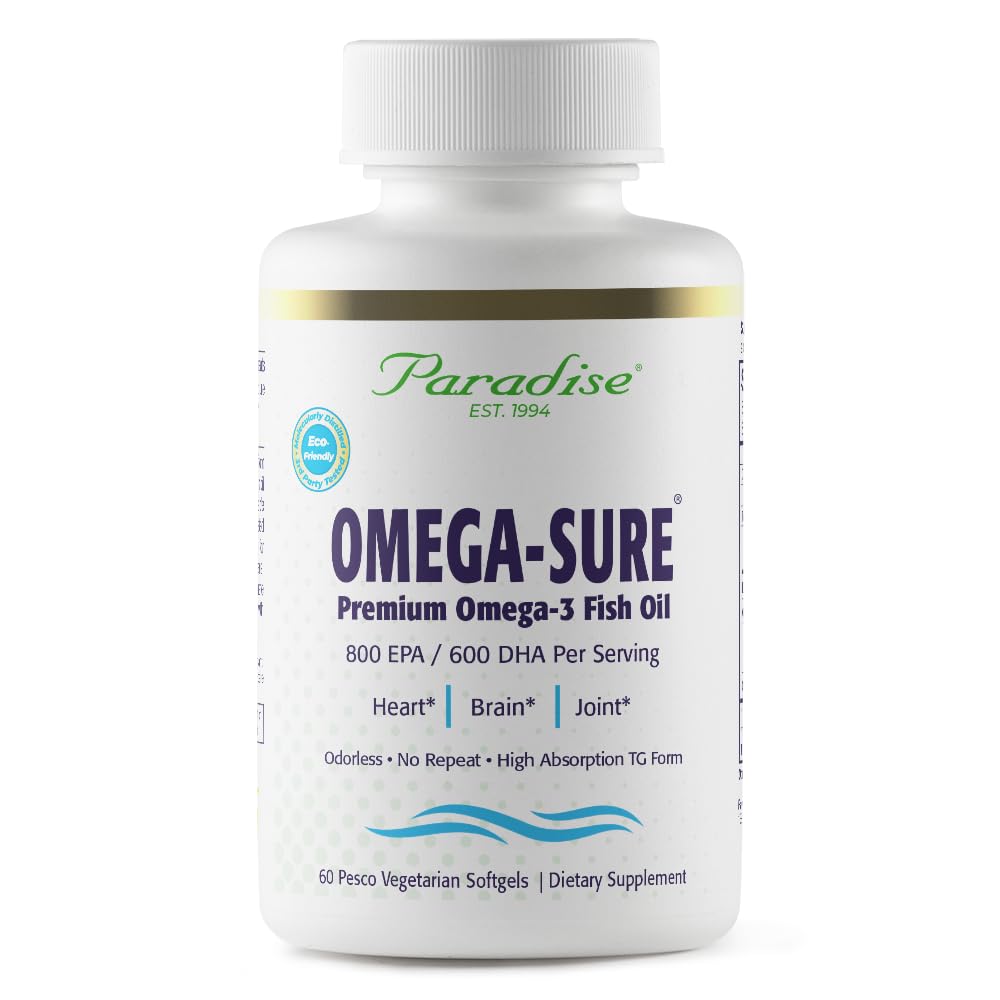 Paradise Kruiden Omega-Sure, Omega-3 Concentraat, Premium Visolie, DHA, EPA, Veganistisch, Niet GGO, Glutenvrij, 60 Graaf Vegetarische Softgels
