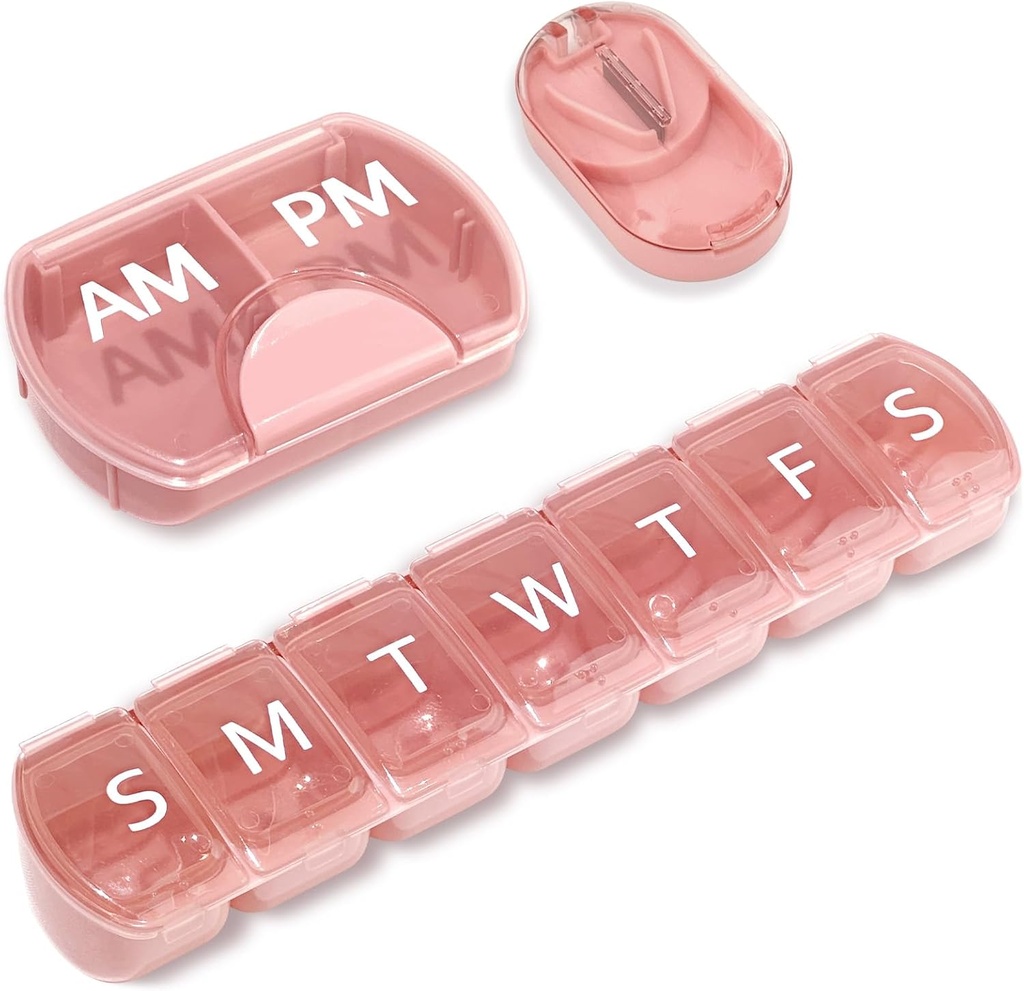 3 Pack (Weekly & Daily), 2 Times a Day (AM/PM) + 7-daagse pil Organizer + Pillensnijder, Vitamine Planner, Grote Capaciteit pil Box, Travel Pillen Case voor Vitaminen / Vissen oliën / aanvullingen, Roze