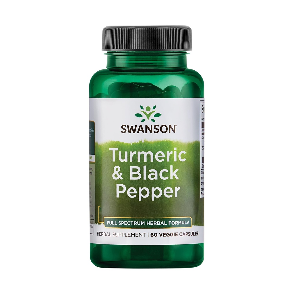 Swanson Turmeric & Black Pepper - Organic Joint Health, Heart Health, Digestie, & Lever Ondersteuning Supplement - Natuurlijke formule voor verbeterde biologische beschikbaarheid en absorptie - (60 Veggie Capsules)