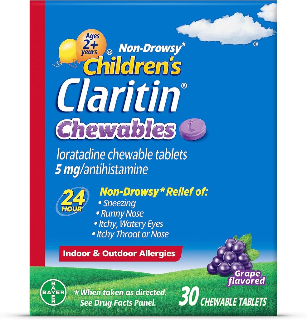 Kinderen Claritin Kauwtabletten 24 uur Allergie Relief, Non Drowsy Kids Allergie Geneeskunde, Grape Antihistamine Kauwtabletten, 30 Tellen