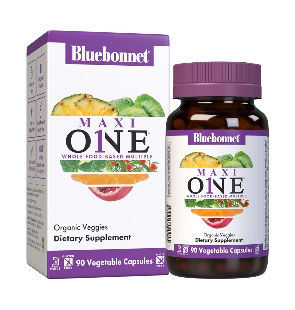 Bluebonnet Nutrition Maxi One (met ijzer), Whole Food Multiple, Enzymes, Energy, Vitality, Glutenvrij, Kosher, Dairy-Free, Vegetarisch Friendly, Soy-Free, Non-GMO, 90 plantaardige capsule, 3 maand levering, Beige