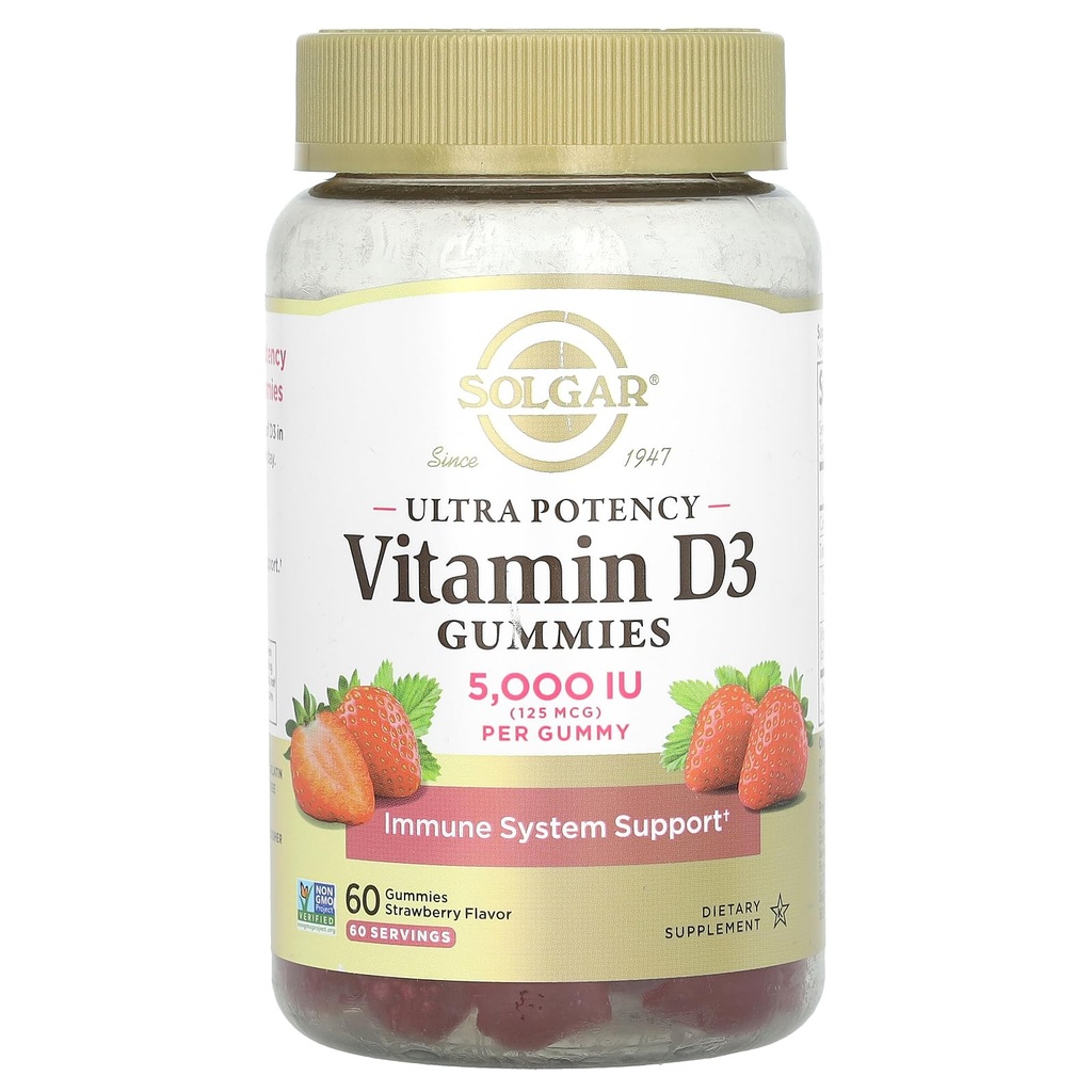 Solgar Vitamine D3 Gummies voor volwassenen 5.000IU Ultra Potency Vitamine Immuun Systeem Ondersteuning voor vrouwen en mannen - smakelijke aardbeien smaak, Gluten & Gelatine Vrij Gummy, 2 maand levering, 60 porties, 2g suiker