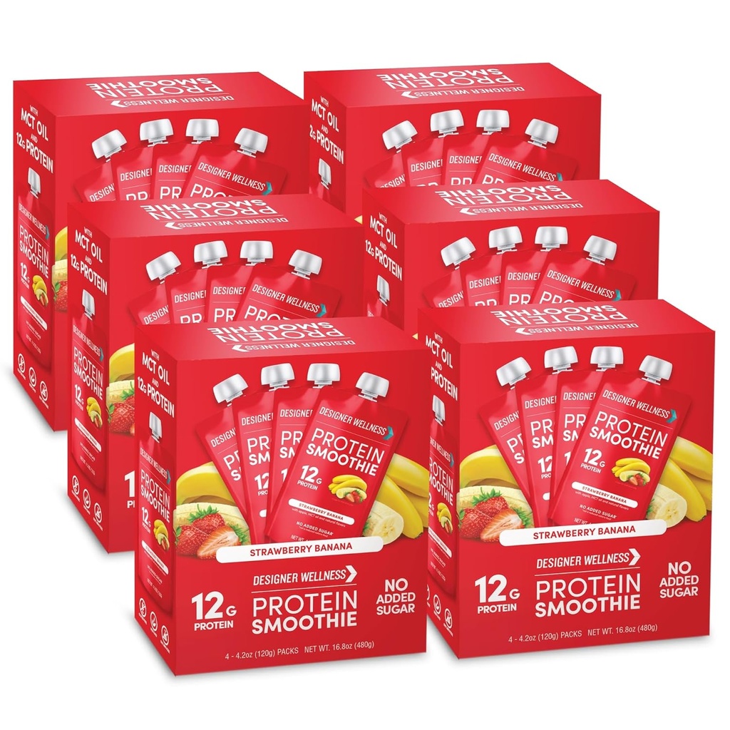 Designer Wellness Protein Smoothie, Real Fruit, 12g Proteïne, Low Carb, Zero Added Sugar, Glutenvrije, Non-GMO, Geen kunstmatige kleuren of smaken, Aardbei Banana, 24 Tellen
