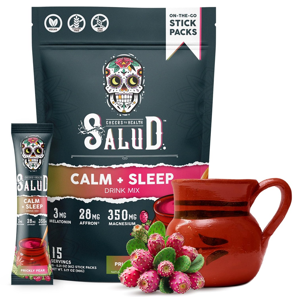 Salud 2-in-1 Slaaphulp + Kalm Drinkmix, Prickly Pear Flavor, Melatonine, Magnesium, Saffron Extract, L-Theanine, Non-GMO, Glutenvrij, Veganistisch, Lage Calorie, 1g suiker (15 Serven)