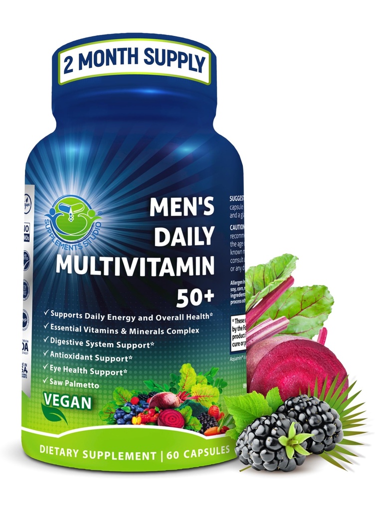 Mannen dagelijks Multivitamine 50 Plus - Vegan Gemethyleerde Multivitamine voor mannen 50 en ouder - Zag Palmetto, Biotin, Biologische Superfoods, Luteïne - Oog, Energie, Gut, Gezondheidsondersteuning - Gemakkelijk om Capsules door te slikken
