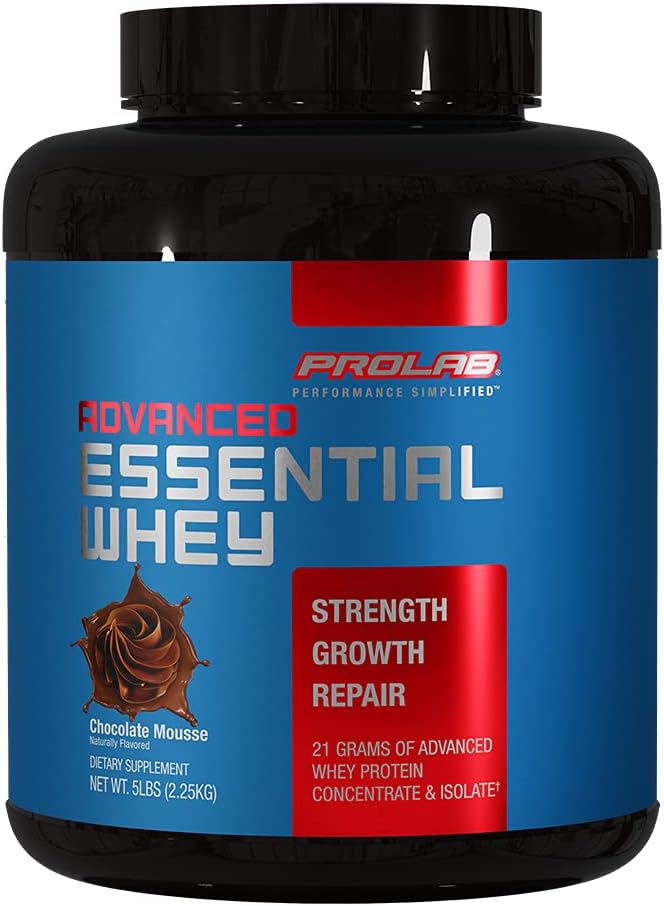 ProLab Advanced Essential Whey Protein Powder, 21g Protein, Wei Concentrate & Isolate Blend with BCAAs & Digestive Enzymes for Muscle Support & Recovery (Chocolate Mousse, 5 LB)
