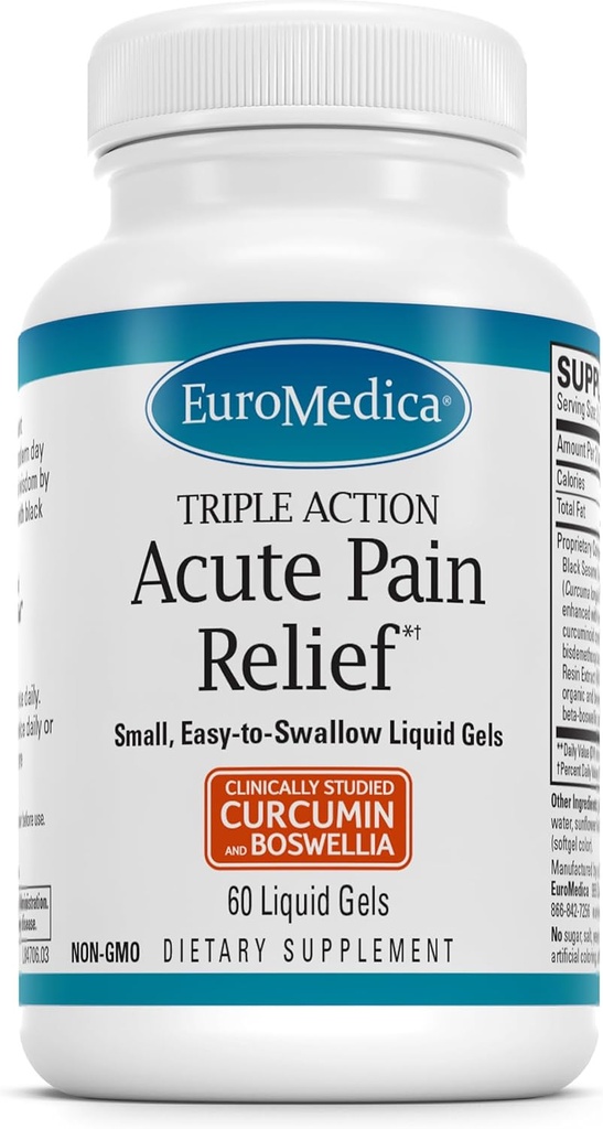 Euromedica Acute pijn verlichting - Dieetsupplement met BCM-95 Curcumine & BOS-10 Boswellia - Zwarte Sesamzaadolie supplement ter ondersteuning van de verlichting van incidentele ongemak - 60 vloeibare gels