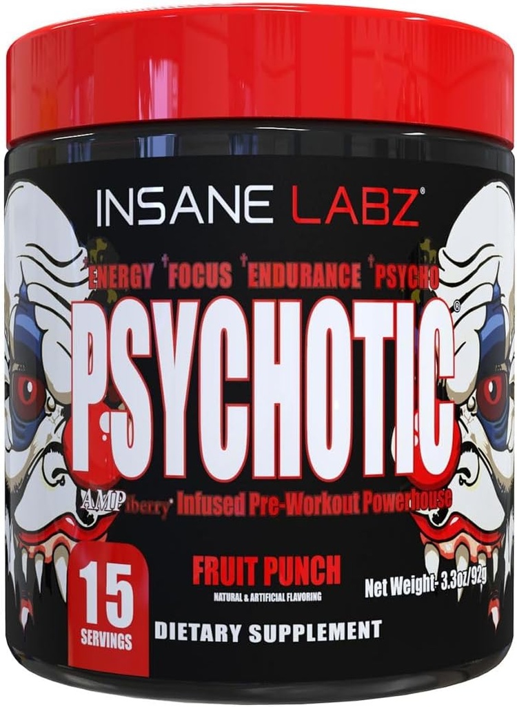 Insane Labz Psychotisch, High Stimulant Pre Workout Powder, Extreme Lasting Energy, Focus and Endurance met Beta Alanine, Creatine Monohydraat, DMAE, 15 Srvgs, Fruit Punch
