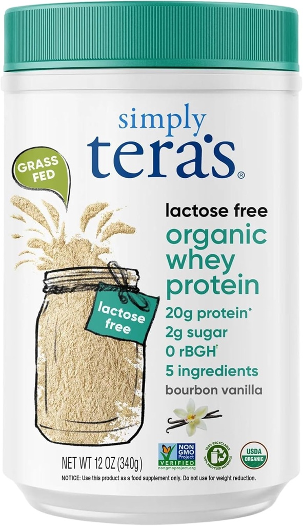 gewoon tera's Lactosevrij Organisch Wei Proteïne Poeder - Lactosevrij, Vanille, 20 gram Proteïne Per Serving, Non-GMO, Glutenvrij, rBGH-Free, Kosher - 12 Oz.