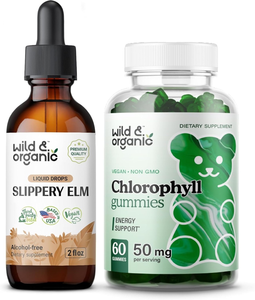 Wild & Organic Slippery Elm Tinctuur 2 fl oz & Chlorofyl Gummies 60 Kauwen