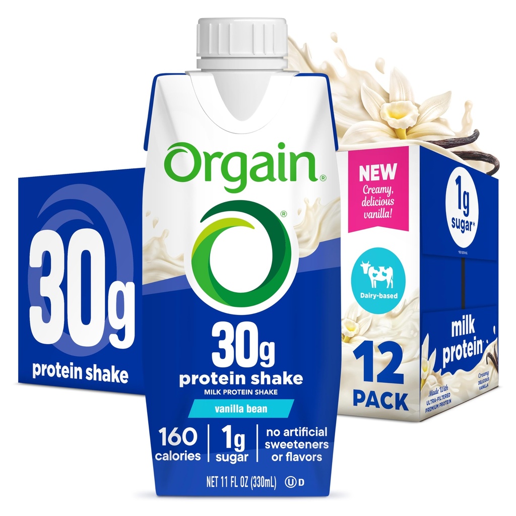 Orgain 30g High Protein Shake, Dairy Isolate Milk Protein, Vanilla Bean, 5g BCAA's, 1g Sugar Per Serving, Maaltijd Vervanging, klaar om te drinken, Keto vriendelijk, Glutenvrije 11 Fl Oz (pakket van 12)
