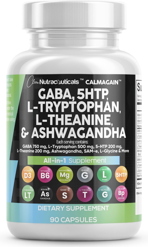 Clean Nutraceuticals GABA 750mg 5 HTP 200mg L Tryptophan 500mg L Theanine 200mg Ashwagandha SAM-e L-Glycine - Mood Support Vitamins for Women and Men with L-Tyrosine 5-HTP (5-Hydroxytryptophan)