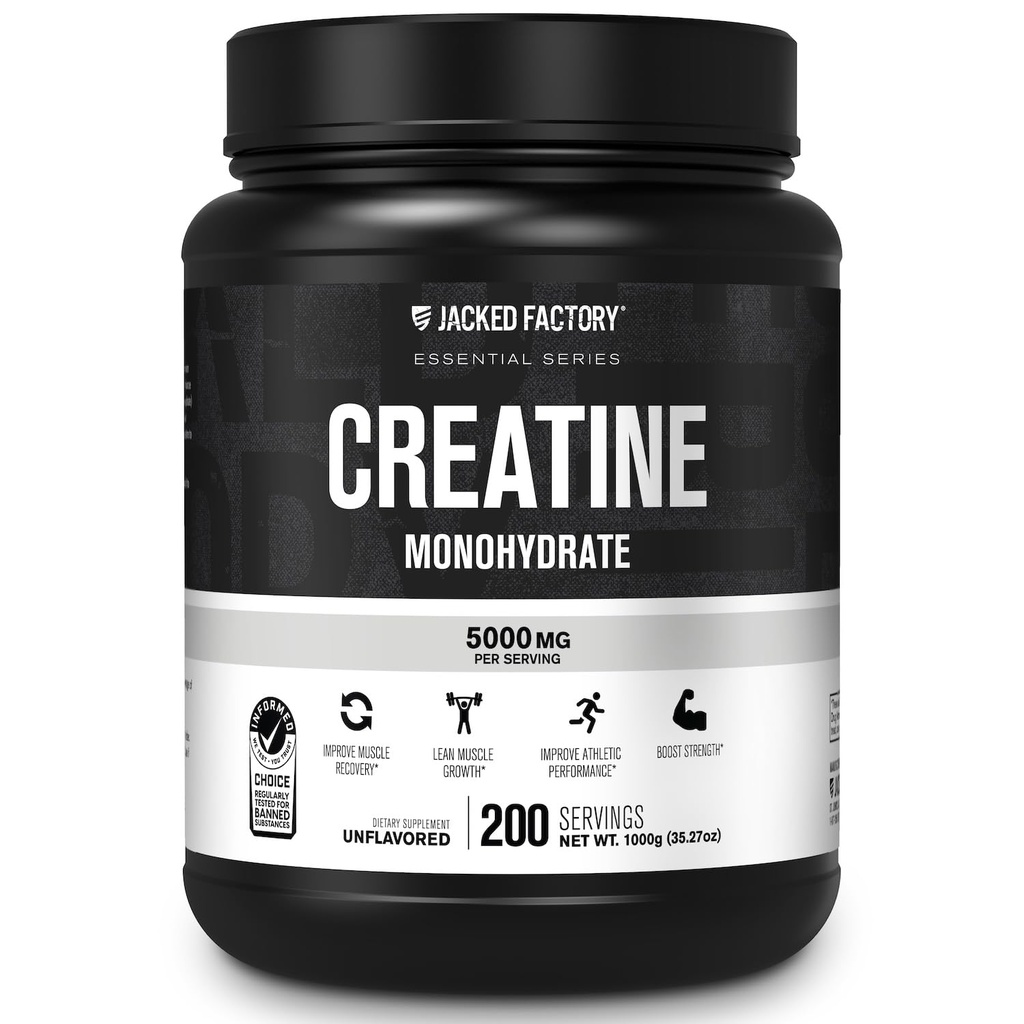 Jacked Factory Creatine Monohydraat Poeder 1000g - 5g Dagelijks Creatine Supplement voor mannen en vrouwen, Vegan-Friendly, Derde-partij Getest - 200 Servers, Ongearomatiseerd
