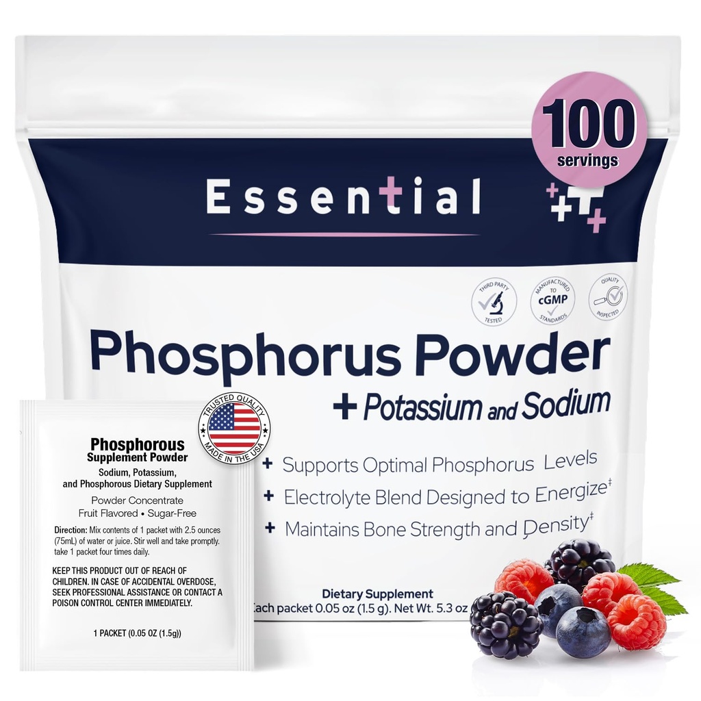 Fosforsupplementen 100 Packets, Dieetsupplementen Poeder met Natriumfosfaat en Kaliumfosfaat, Fruit Gearomatiseerd Fosfor Supplement Poeder voor Elektrolyt, Bot Gezondheid & Nier Gezondheid