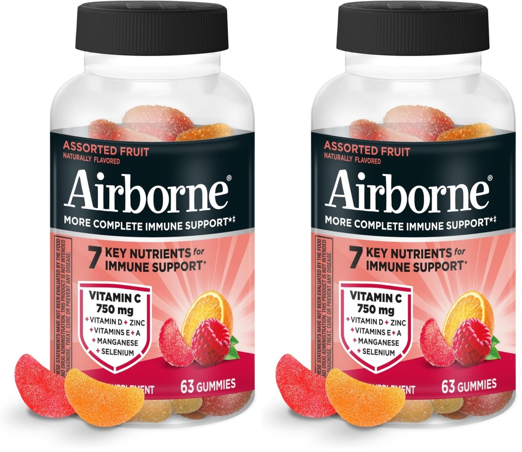 Airborne Vitamine C 750mg (per portie) - Assorted Fruit Gummies (63 Tel in een fles), Glutenvrije Immune Ondersteuning Supplement met Vitaminen C E, Selenium (pakket van 2)