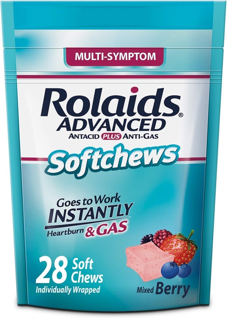 Rolaids Advanced Antacid Plus Anti-Gas Softchews, 28 Tellen, Gemengde Berry, Heartburn en Gas Relief
