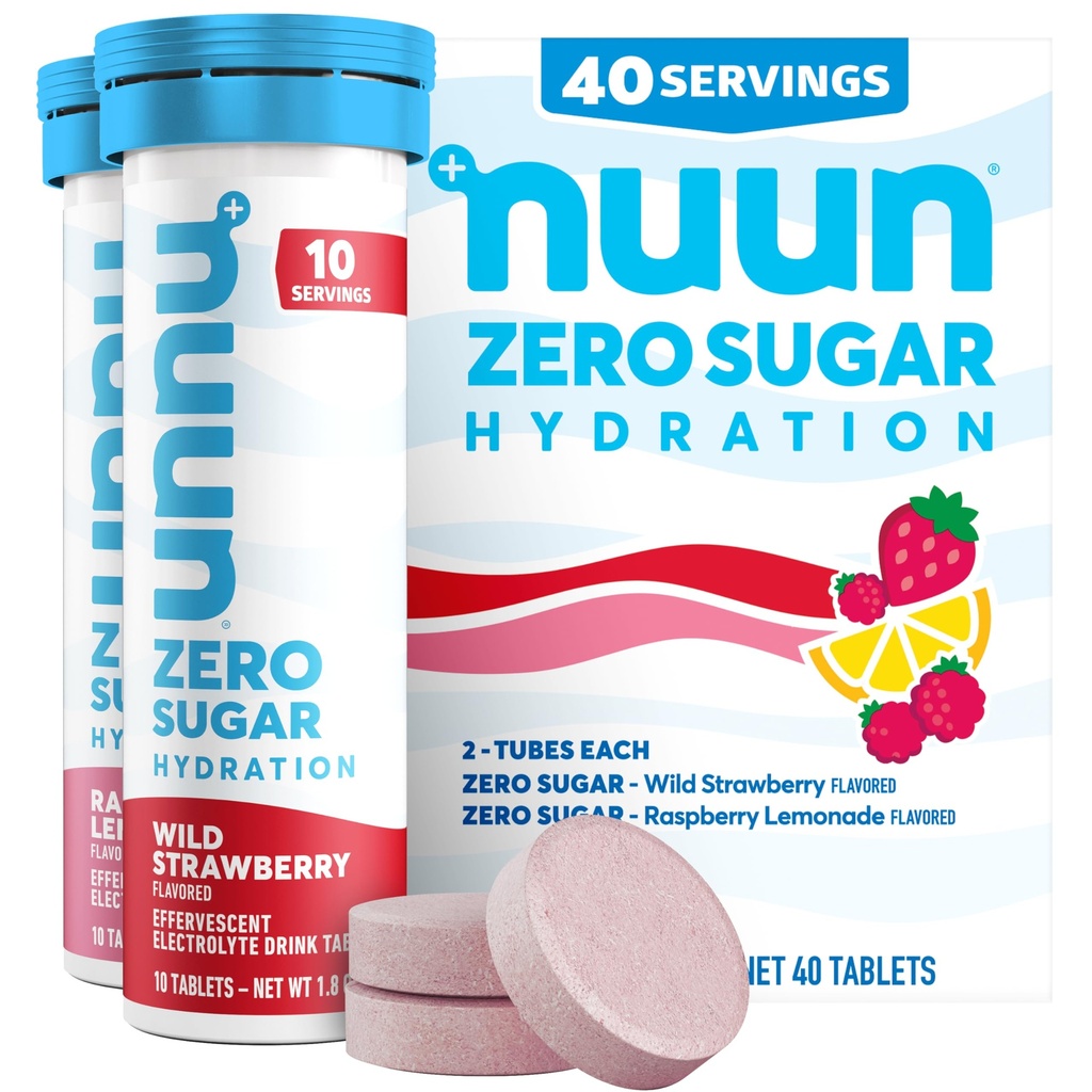 Nuun Zero Sugar Hydration Electrolyte Tablets - Magnesium, Calcium, Kalium, Chloride & Natrium, Lichte & Heerlijke Fruitsmaken, Geen Suiker, Glutenvrij, Veganistisch, Gemengd Berry 4 Pack (40 Servings Totaal)