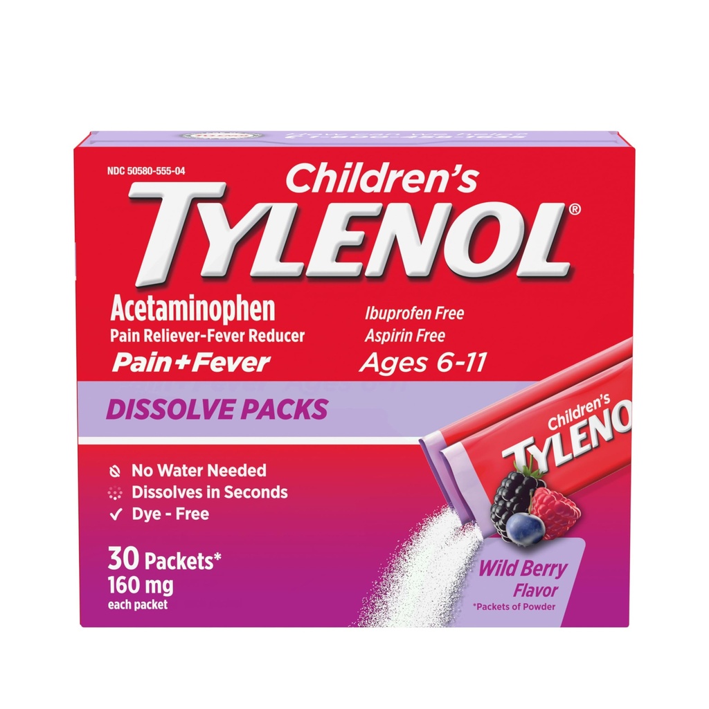 Kinderen Tylenol oplossen Packs for Pain Relief, Fever Medication, 160 mg Acetaminophen, Dye Free, Kids' Powder Packets for Cold & Flu Symptom Relief; Wild Berry Flavor, 30 ct.; Pack of 1