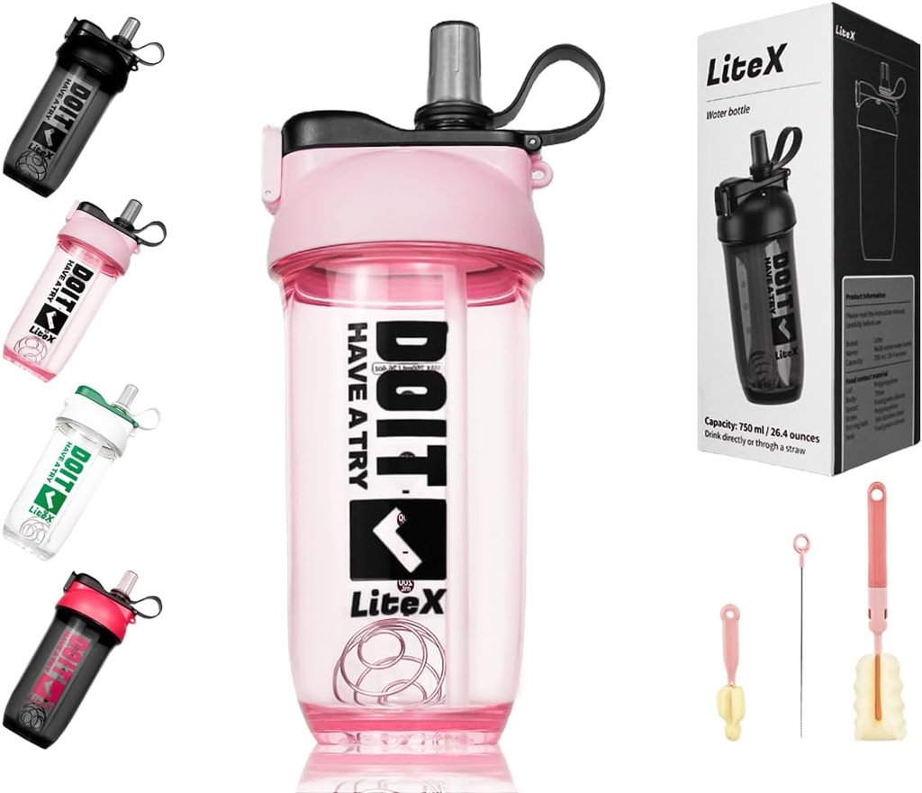 Litex Shaker flessen voor eiwitshakes, 26oz Blender Shaker fles voor pre-workout, Shaker Cups met stro, BPA-vrije Tritan Mixer flessen voor eiwit poeder, met Cup Brush en instructies (Roze)