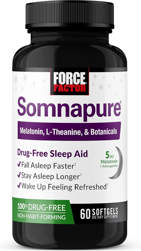FORCE FACTOR Somnapure Softgels Slaaphulp om te vallen Slaap Sneller, Blijf langer slapen, Wakker worden Verfrissend, Slaaphulp voor volwassenen met Melatonine, Ashwagandha, Valeriaanwortel, en Lemon Balm, 60 Softgels