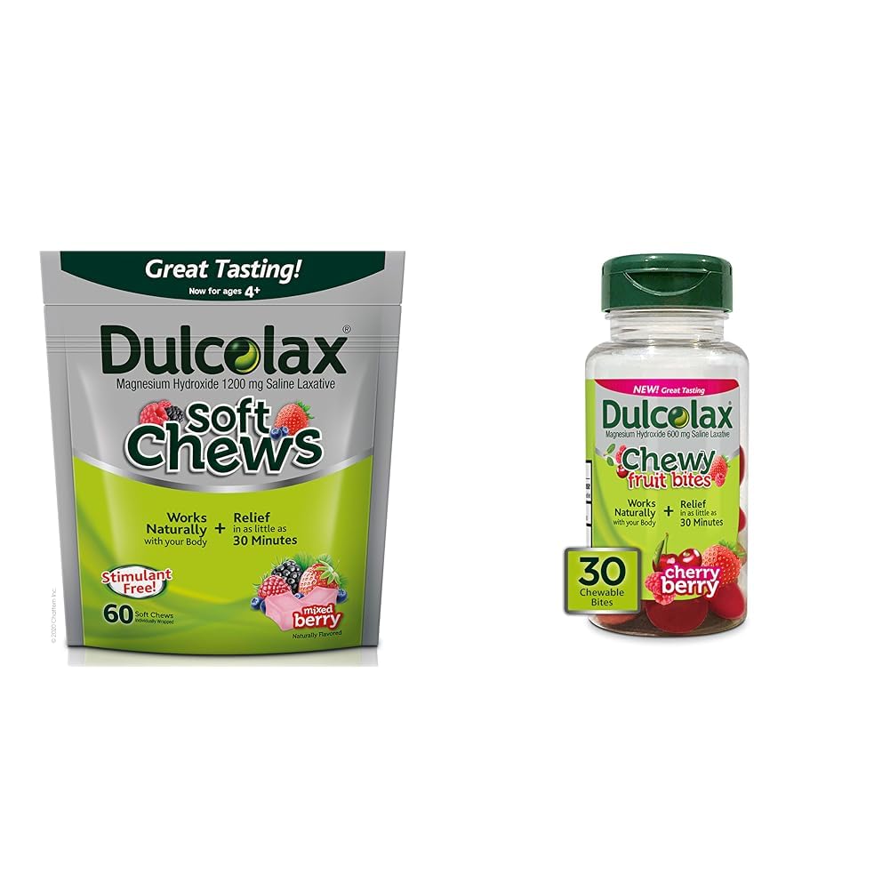 Dulcolax Zachte Kauwen Saline Laxative Gemengde Bessen (60ct) Zachte Constipatie Relief & Chewy Fruit Bites, Saline Laxative, Cherry Berry (30ct) Krampvrije constipatie Verlichting