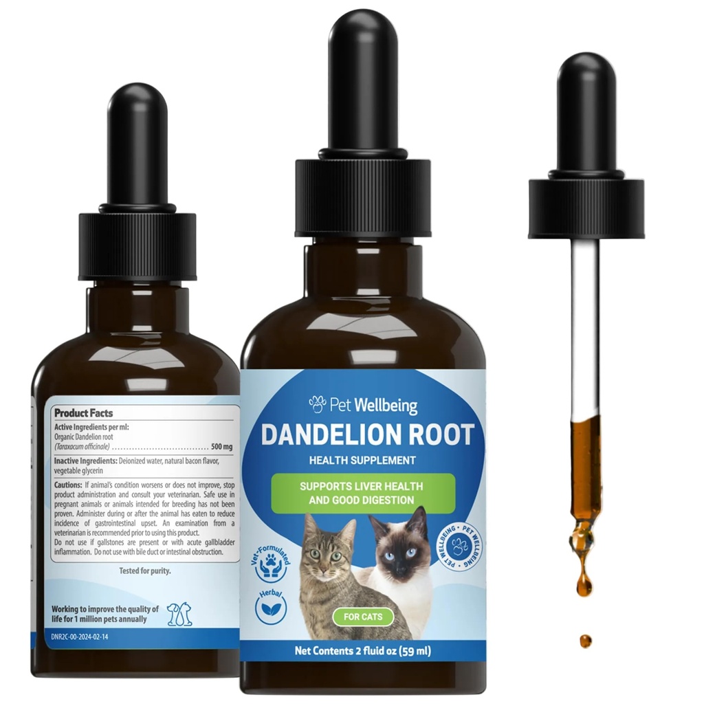 Pet Wellbeing Dandelion Root voor katten - Lever en hart gezondheid, spijsverteringsfunctie, bloedsuiker ondersteuning, Certified Organic - Veterinair-geformuleerd kruidensupplement 2 oz (59 ml)