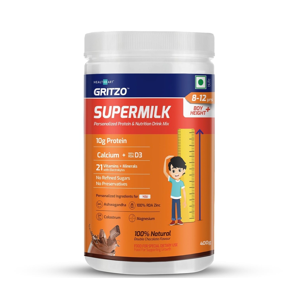 ATS Supermilk Height+ voor 8-12Y Jongens,Gepersonaliseerde Health Drink voor kinderen,High Protein (10 G) met Calcium + D3,21 Vitaminen&Minerals,Zero Geraffineerde Suiker,100% Natuurlijke dubbele chocolade,400 G,Powder
