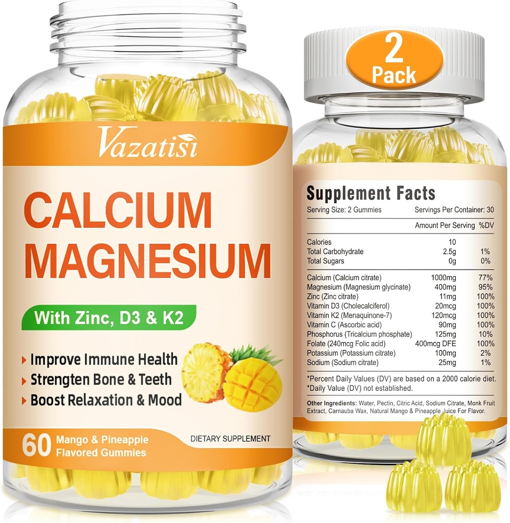 Calcium Magnesium Zink Gummies met Vitamine D3 en K2, Hoge Absorptie Magnesium Glycinate Kalium voor Immune en Kalm Mood, Vegan Mango en Ananas smaak 120 Gummies