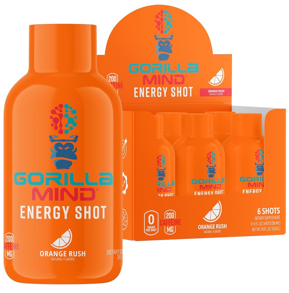 Gorilla Mode Energy Shots (6-pack) - Energie Shots voor verbeterde focus & energie, suikervrije, snelwerkende, krachtige formule met vitamines en natuurlijke extracten (Orange Rush)