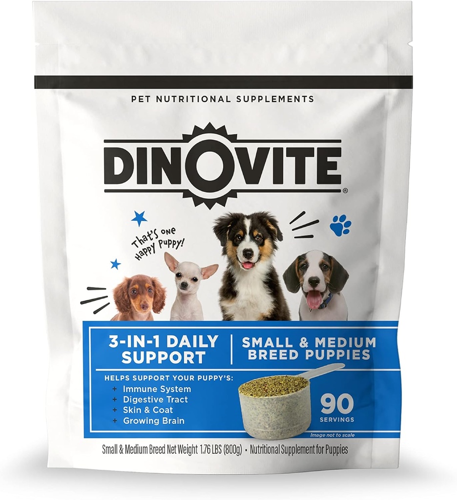 Dinovite 3 in 1 Probiotic for Puppies, Skin & Coat, Digestive Health & Joint Relief, Dog Food Toppers, Salmon Oil, Glucosamine, Allergie Relief & Itch Relief Skin Care, 90 Servers (Puppy)