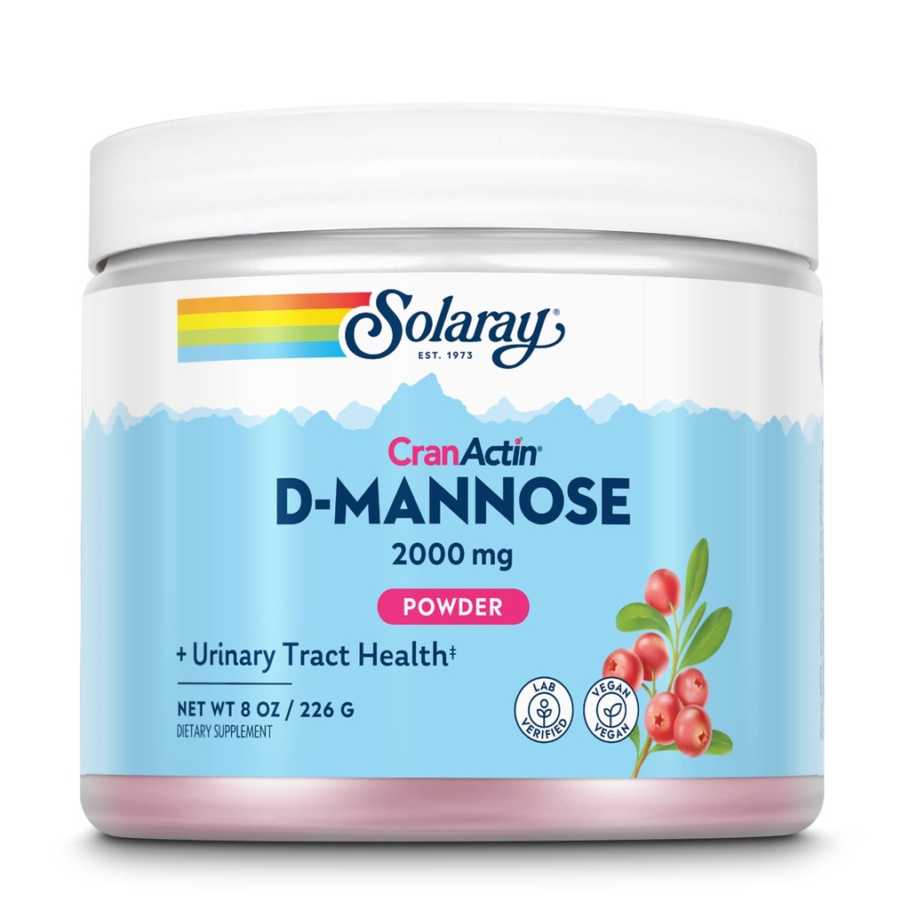 SOLARAY D-Mannose met CranActin Cranberry AF Extract Poeder, 2000 mg, 400 mg Cranberry Extract, Gezonde Urinaire Tract Ondersteuning, Biologische Natuurlijke Smaken, 30 Serven, 8 oz