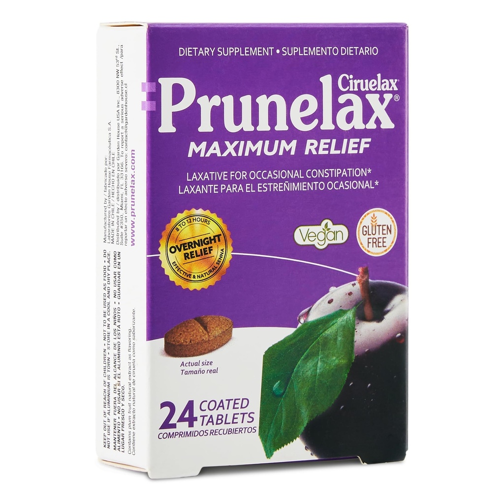 Prunelax Ciruelax Maximum Relief Laxative Tablets with Natural Senna for Occasional Constipation, Senna Extract, Vegan & Gluten-Free, Gentle Overnight Relief - 24ct