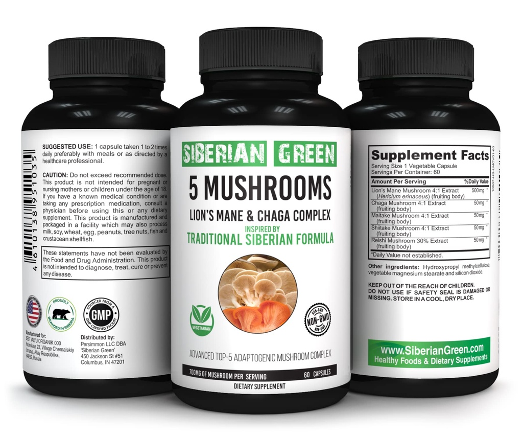 Siberisch Groen 5 Paddenstoelen Leeuwen Mane Chaga Shiitake Maitake Reishi - 60 Capsules