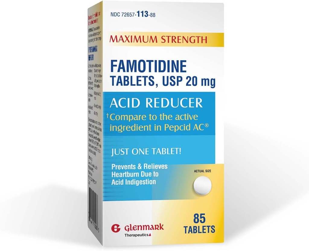 Glenmark Maximum Strength Famotidine Tablets, 20 mg, Acid Reducer for Heartburn Relief, 85 Count