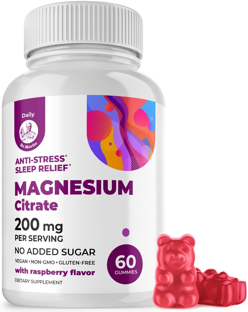 DR. MORITZ Magnesium Citrate Gummies voor volwassenen - Suikervrije Kalm Magnesium Gummies - Ondersteunt een gezonde Stress Respons - Raspberry Flavor - Non-GMO, 200 mg (60 Tellen)