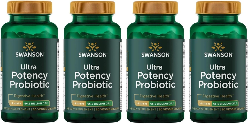 Swanson Ultra Potency Probiotic Digestive Health Immune System Support 66 Miljard CFU Prebiotic NutraFlora scFOS 60 DRcaps Veggie Capsules (Caps) (4 Pack)