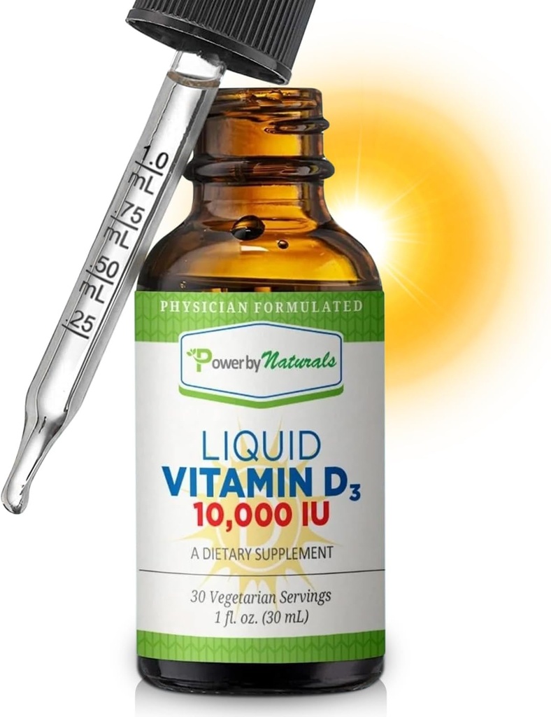Power By Naturals Vitamine D3 Liquid Drops 10000 IE - vitamine D3 met hoge potentie voor volwassen botsterkte en immuunondersteuning - Glutenvrije, niet-GMO, suikervrije vitamine - sinaasappelsmaak, 1 fl Oz (30 porties)