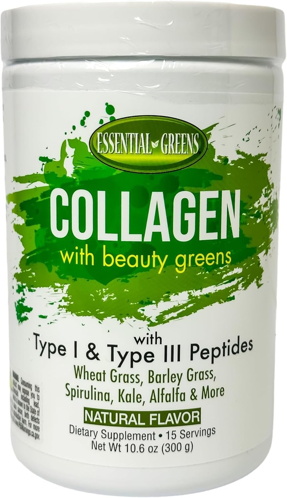 Essential Greens, Collagen with Organic Beauty Greens with Type I & Type III Peptides. Natural Flavors. Dietary Supplement. Wheat Grass, Barley, Spiraling, Kale, Alfalfa & More. 10.6 oz