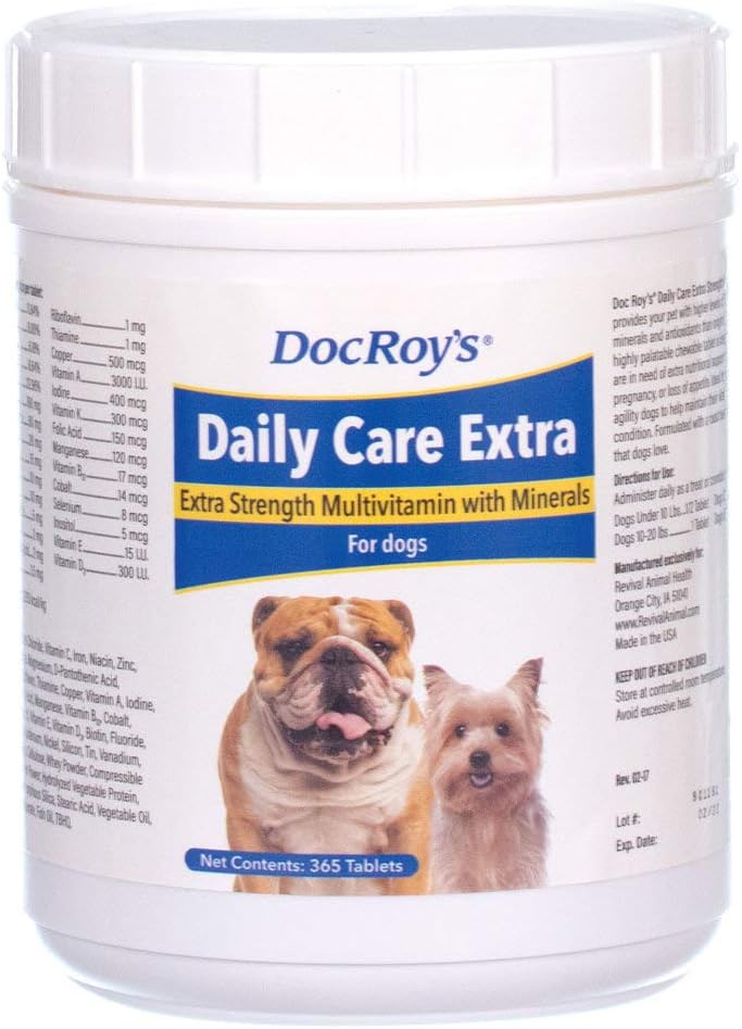 Doc Roy's dagelijkse zorg Extra, Geavanceerde Multivitamine voor honden, Ondersteunt Energie, Immune, Spier, Bot en Hersengezondheid, Biedt Vitaminen A C D3 E B Complex, IJzer Zink Magnesium Jodium, Made in USA 365 ct