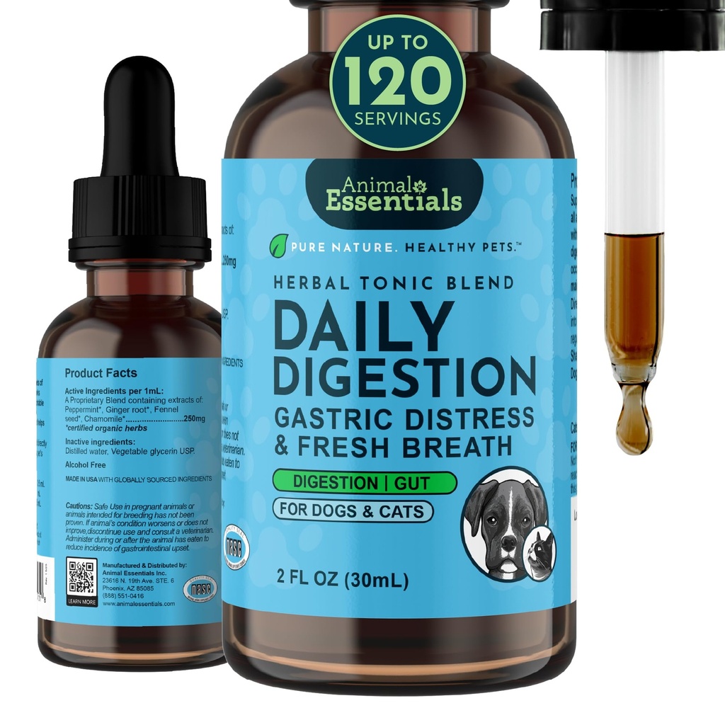 Animal Essentials Fresh Breath & Daily Digestion/Digestive Support for Dogs & Cats, 2 fl oz - Made in USA Organic Ginger & Mint, Alcohol Free