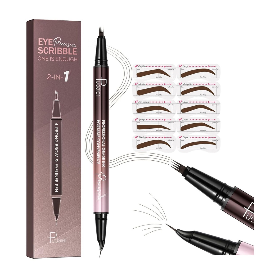 2-in-1 gebogen wenkbrauw Pen en Eyeliner met 10Pcs wenkbrauw Stencils, Microblading Eyebrow Potlood met 4 Fork-Tip en gebogen Precise Tip, waterdicht en lang aanhoudende Eyebrow Pencils voor vrouwen, donkerbruin