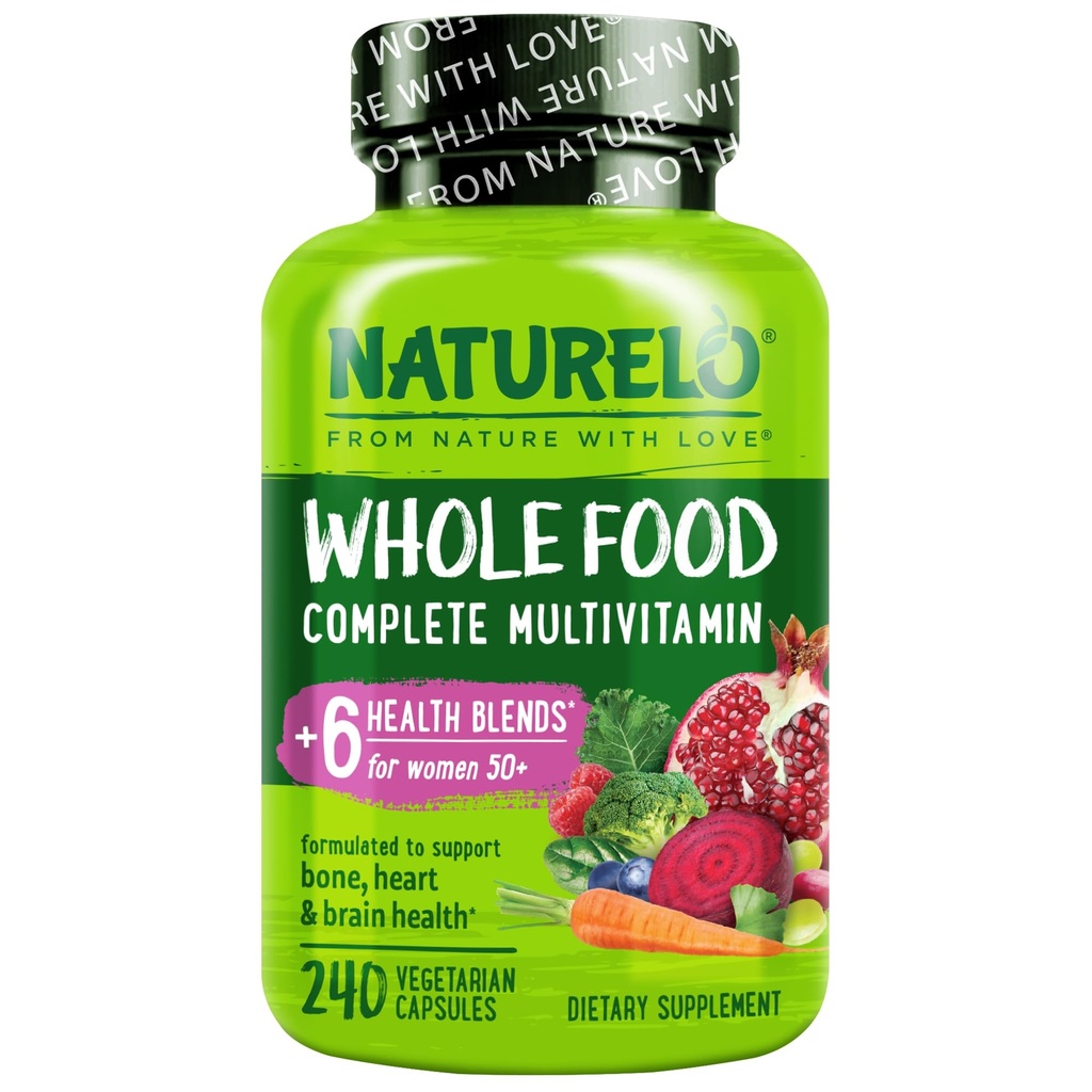 NATURELO Whole Food Multivitamine for Women 50+ (Iron Free) with Vitamins, Minerals, & Organic Extracts - Supplement for Post Menopausal Women Over 50 - No GMO - 240 Vegan Capsules