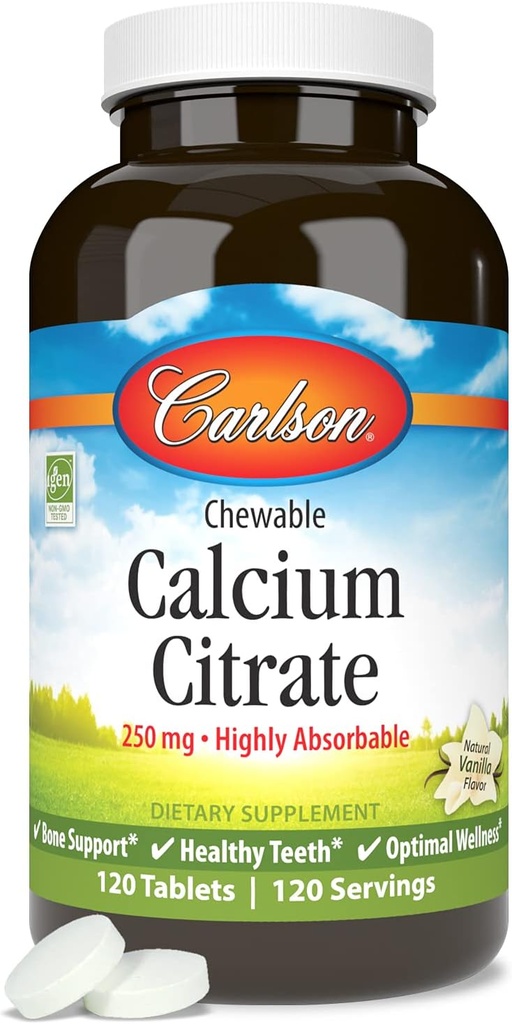 Carlson - Kauwbare Calcium citraat, 250 mg, Zeer Absorbeerbaar, Bone Support, Gezonde Tanden & Optimale Wellness, Natuurlijke Vanille smaak, 120 tabletten