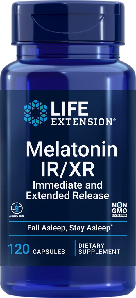 Levensverlenging Melatonine IR/XR 120 Capsules - Onmiddellijke & 7-uursverlenging - Nachttijdsupplement - Ondersteuning bij slapen - Non-GMO, Glutenvrij